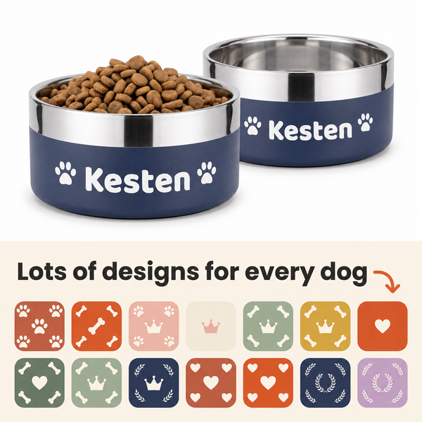 Two navy Personalised Nameplate Dog Bowls, one filled with kibble, shown above a grid of the printed icon designs available