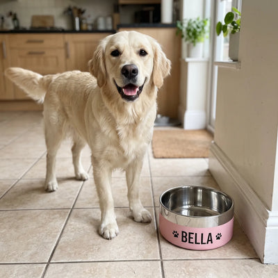 Golden retriever standing beside a pink bowl printed with BELLA