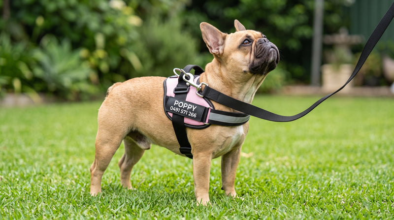 A fawn French Bulldog standing on grass in a pink personalised dog harness printed with POPPY and a phone number, head up and leash slack with nothing on its throat.