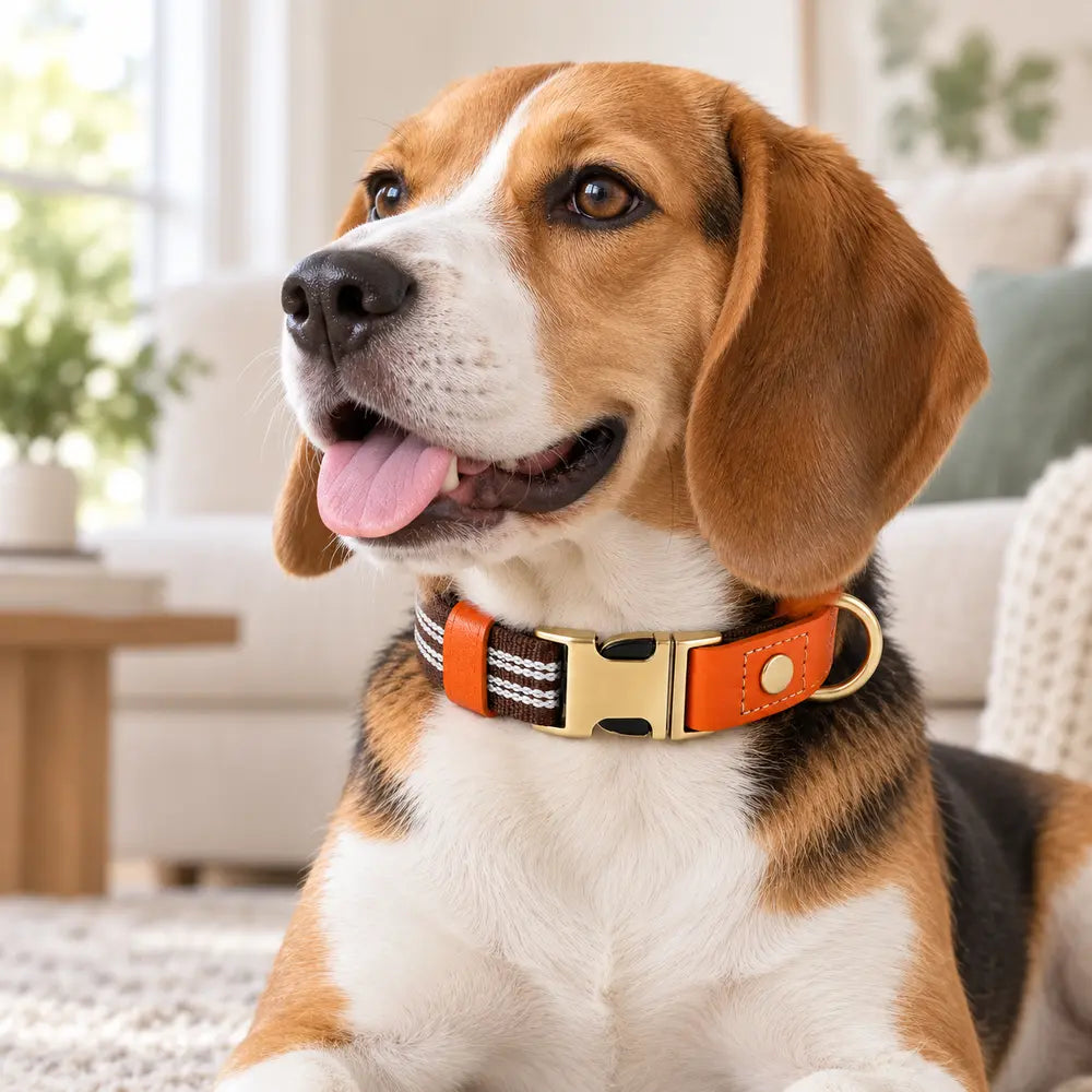 Relaxed beagle wearing the padded brown reflective collar at home