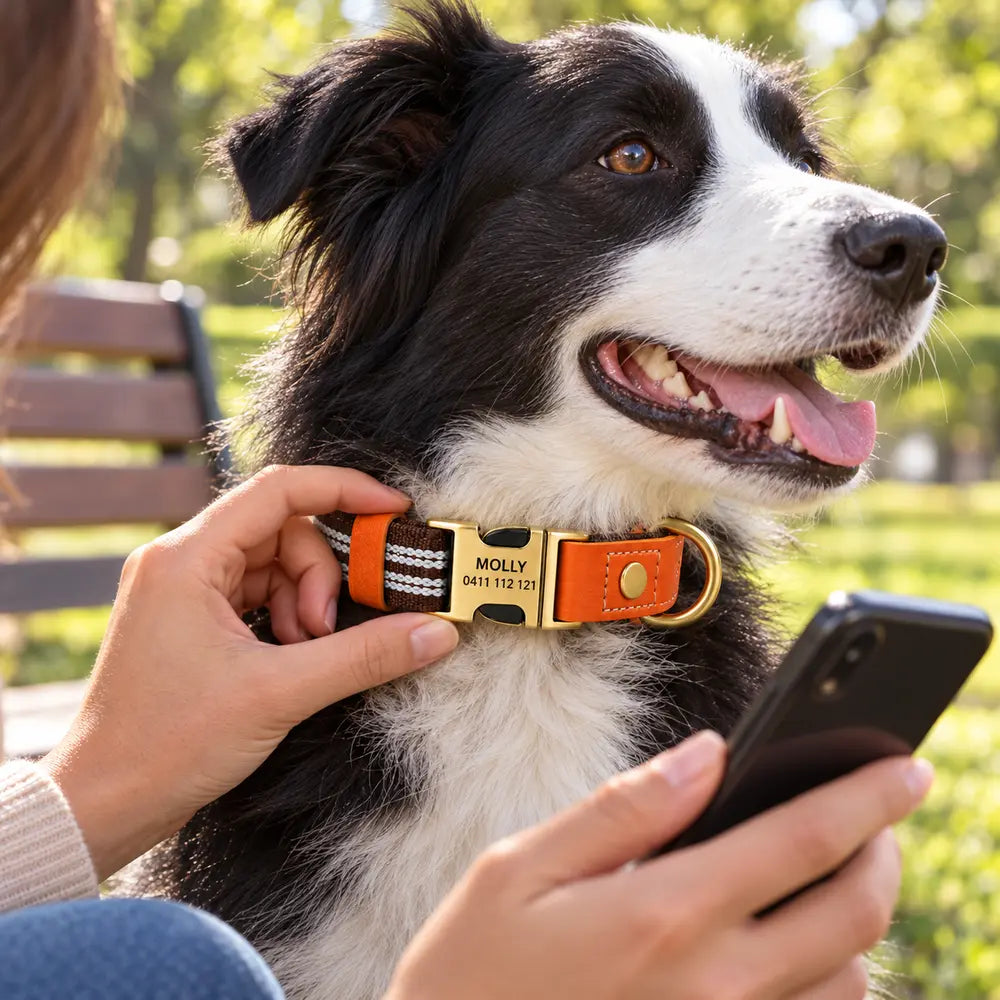 Person reading an engraved collar buckle while holding a phone in a park