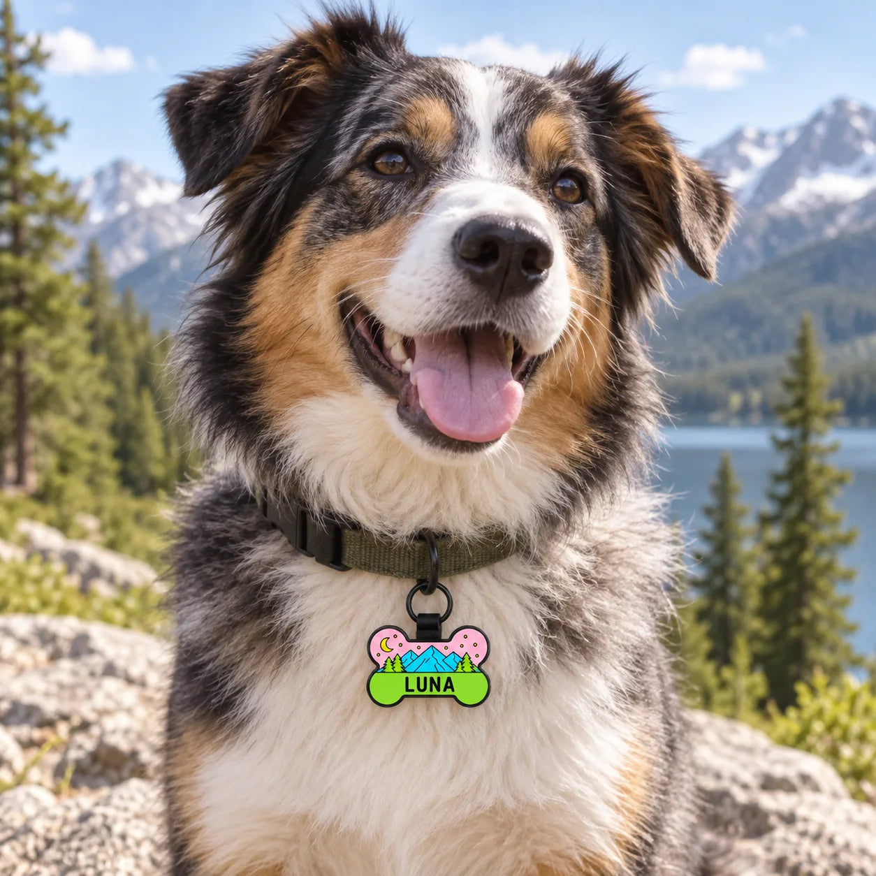 Australian shepherd by a lake wearing the Night Mountain tag