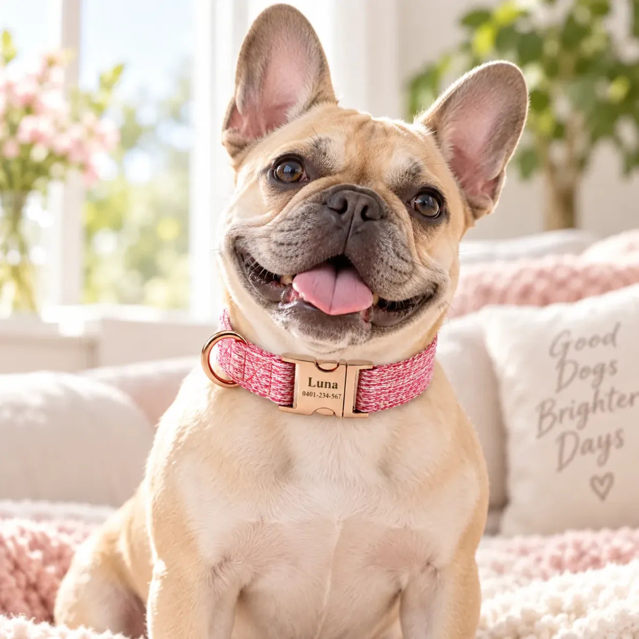 French Bulldog wearing the blossom pink woven collar