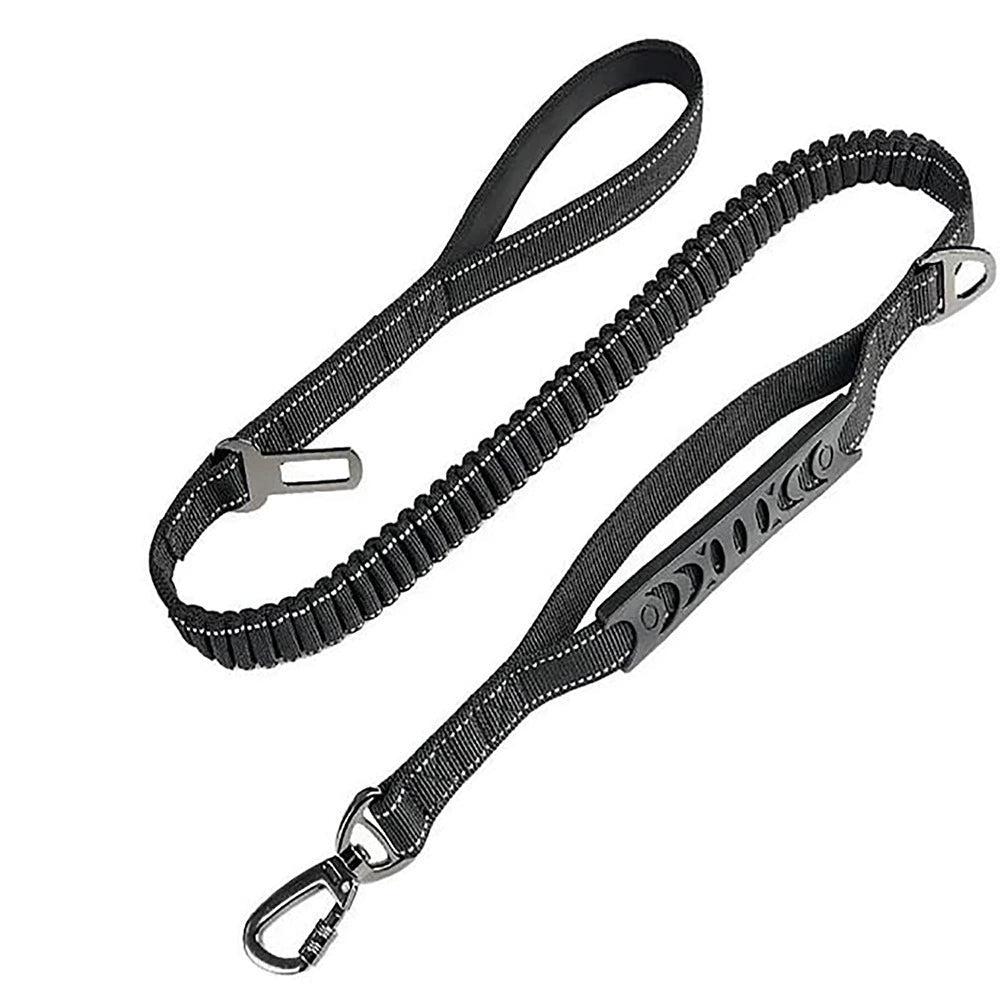 A black bungee dog lead with a padded handle, a short traffic handle, a swivel carabiner and a car seatbelt clip.