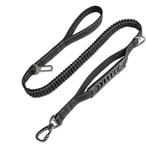 A black bungee dog lead with a padded handle, a short traffic handle, a swivel carabiner and a car seatbelt clip.