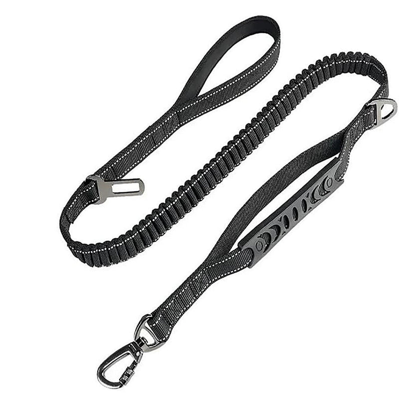 A black bungee dog leash with a padded handle, a short traffic handle, a swivel carabiner and a car seatbelt clip.