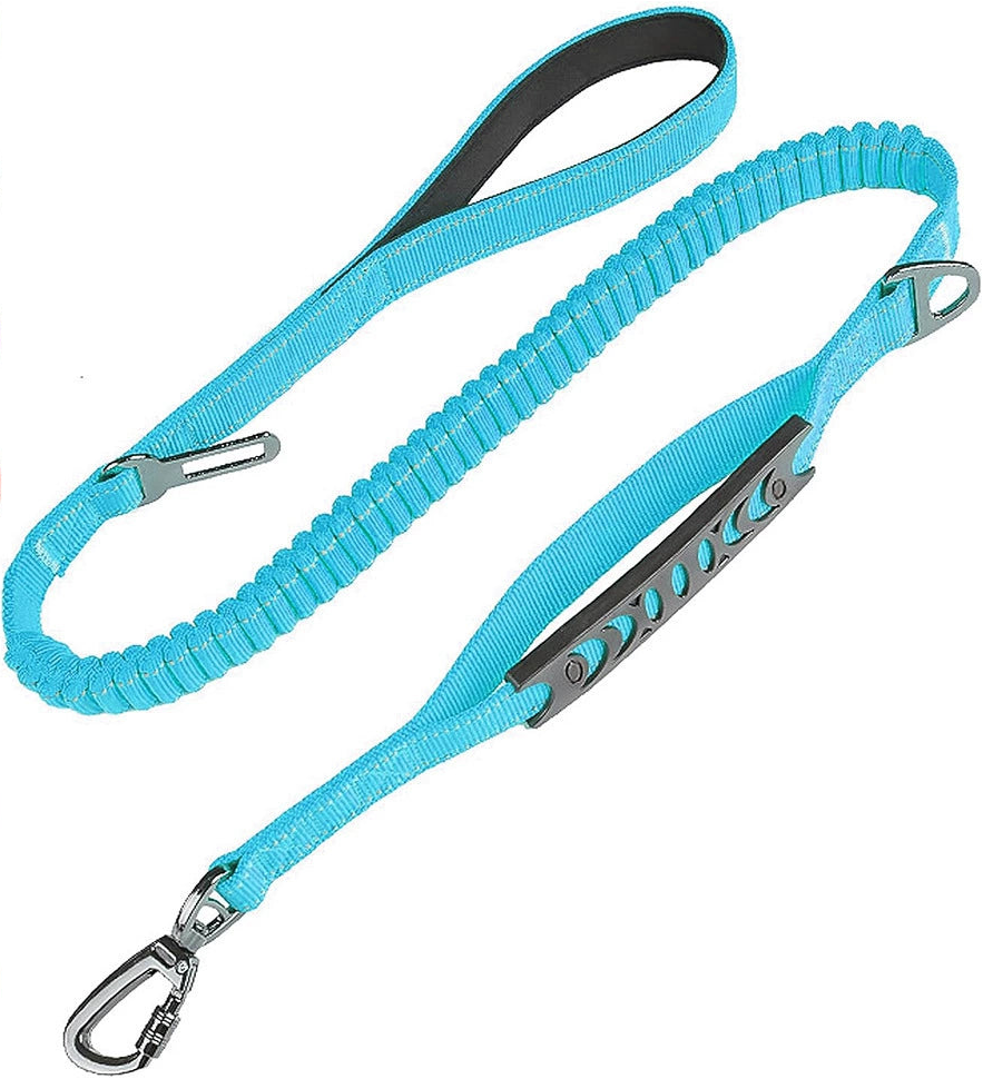 A sky blue bungee dog lead with a padded handle, a short traffic handle, a swivel carabiner and a car seatbelt clip.