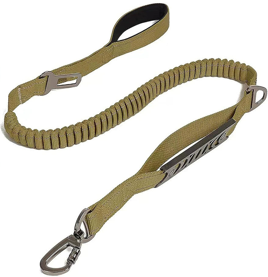 A khaki bungee dog lead with a padded handle, a short traffic handle, a swivel carabiner and a car seatbelt clip.
