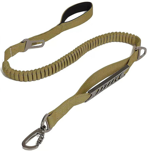 A khaki bungee dog lead with a padded handle, a short traffic handle, a swivel carabiner and a car seatbelt clip.