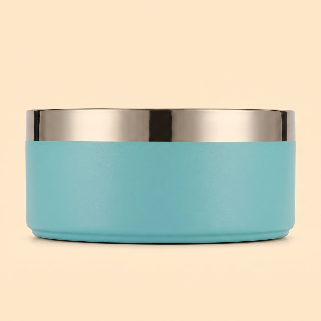 Personalized double-wall stainless steel dog bowl with the name printed on the band