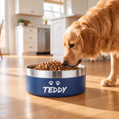 Golden retriever eating from a navy Personalised Nameplate Dog Bowl on a sunlit kitchen floor, the name TEDDY printed under two paw prints