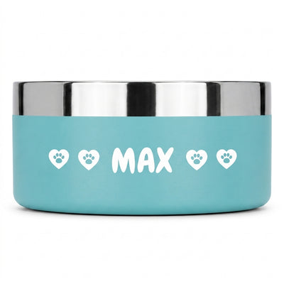 Studio shot of a teal Personalised Pattern Dog Bowl on white, the name MAX set into a band of paw-print hearts