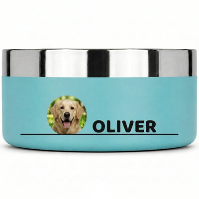 Studio shot of a teal Personalised Photo Dog Bowl on white, a golden retriever's photo printed beside the name OLIVER