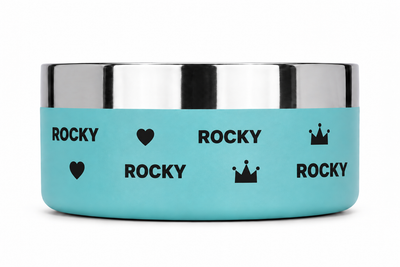Studio shot of a teal Personalised Wraparound Dog Bowl on white, the name ROCKY repeating around the bowl with hearts and crowns between