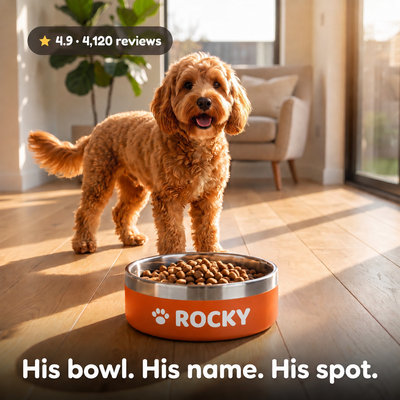 Cockapoo standing over a sunset orange Personalised Nameplate Dog Bowl full of kibble, the name ROCKY printed next to a paw print