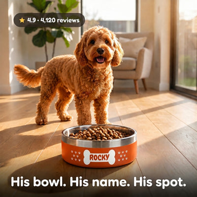 Cockapoo standing over a sunset orange Personalised Pattern Dog Bowl, the name ROCKY set into a bone shape amongst scattered paw prints