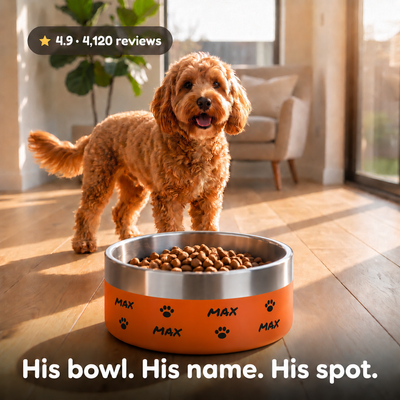 Cockapoo standing over a sunset orange Personalised Wraparound Dog Bowl, the name MAX repeating around the bowl with paw prints between