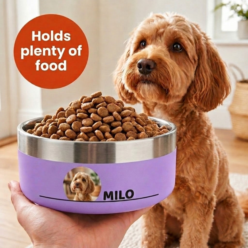 Hand holding a lilac Personalised Photo Dog Bowl heaped with kibble, a cockapoo's photo printed beside the name MILO