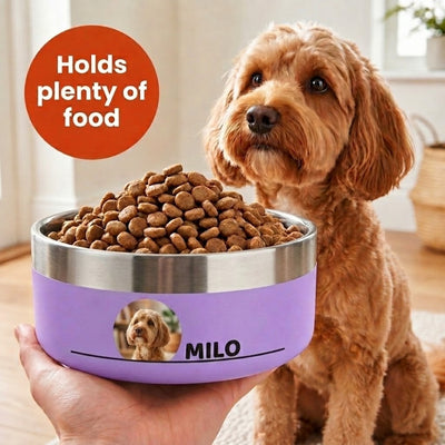 Hand holding a lilac Personalised Photo Dog Bowl heaped with kibble, a cockapoo's photo printed beside the name MILO