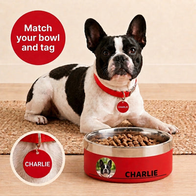 French bulldog lying beside a signal red Personalised Photo Dog Bowl printed with his own photo and the name CHARLIE, plus a matching collar tag