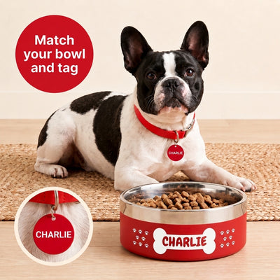 French bulldog lying beside a signal red Personalised Pattern Dog Bowl, the name CHARLIE set into a bone shape, with a matching collar tag