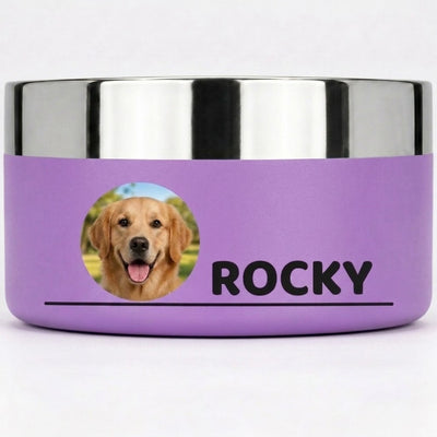 Front-on view of a lilac Personalised Photo Dog Bowl, a golden retriever's photo printed in a circle beside the name ROCKY