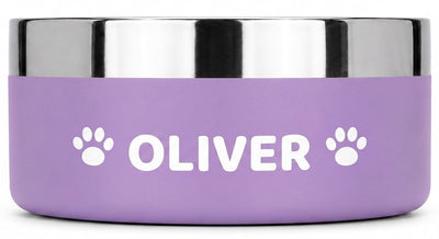 Front-on view of a lilac Personalised Nameplate Dog Bowl, the name OLIVER printed between two white paw prints