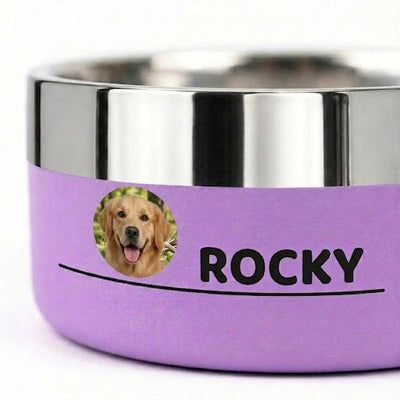 Close-up of a lilac Personalised Photo Dog Bowl showing the printed photo detail and the polished stainless steel rim