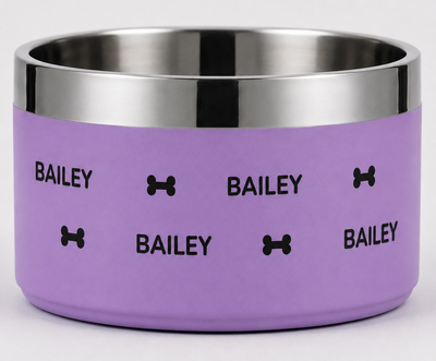 Front-on view of a lilac Personalised Wraparound Dog Bowl, the name BAILEY repeating around the bowl with small bones between