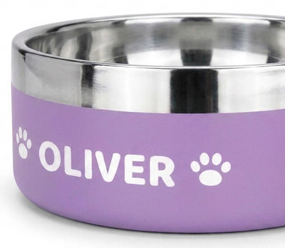 Close-up of a lilac Personalised Nameplate Dog Bowl showing the printed lettering and the mirror-polished stainless steel interior
