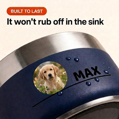 Water beading over the printed photo on a navy Personalised Photo Dog Bowl, showing the print does not lift at the edges