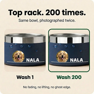 A navy Personalised Photo Dog Bowl photographed after one wash and after 200 dishwasher cycles, the printed photo unfaded