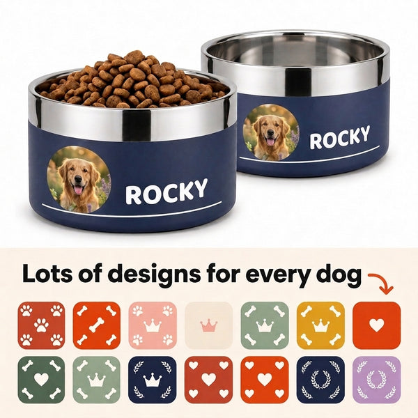 Two navy Personalised Photo Dog Bowls printed with a golden retriever's photo and the name ROCKY, above a grid of design options