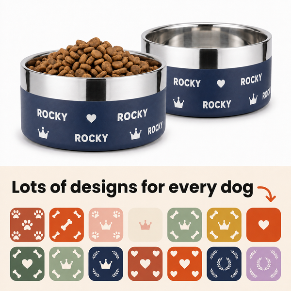 Two navy Personalised Wraparound Dog Bowls printed with the repeating name ROCKY, shown above a grid of the icon sets available