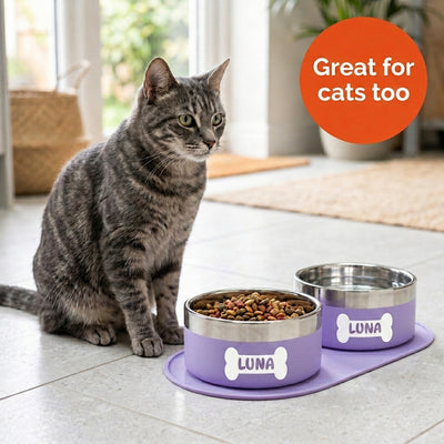 Tabby cat sitting beside a pair of lilac Personalised Pattern Dog Bowls on a feeding mat, both printed with the name LUNA