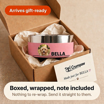 Blush pink Personalised Photo Dog Bowl packed in a Crumpaw gift box with tissue paper and a printed card, the dog's photo printed beside the name BELLA