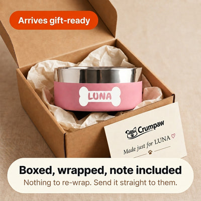 Blush pink Personalised Pattern Dog Bowl packed in a Crumpaw gift box with tissue paper and a printed card