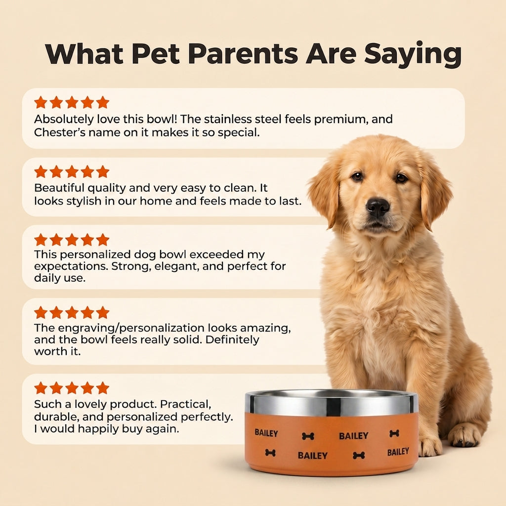 Golden retriever puppy sitting beside a sunset orange Personalised Wraparound Dog Bowl, shown with five-star customer reviews