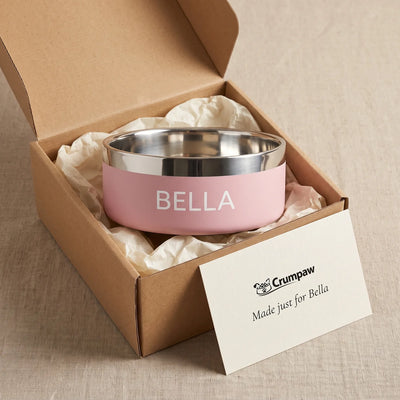 Printed pink bowl in a gift box with a Made just for Bella card