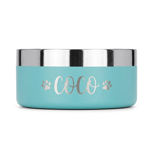 Finished teal bowl with the name COCO printed between two paw prints