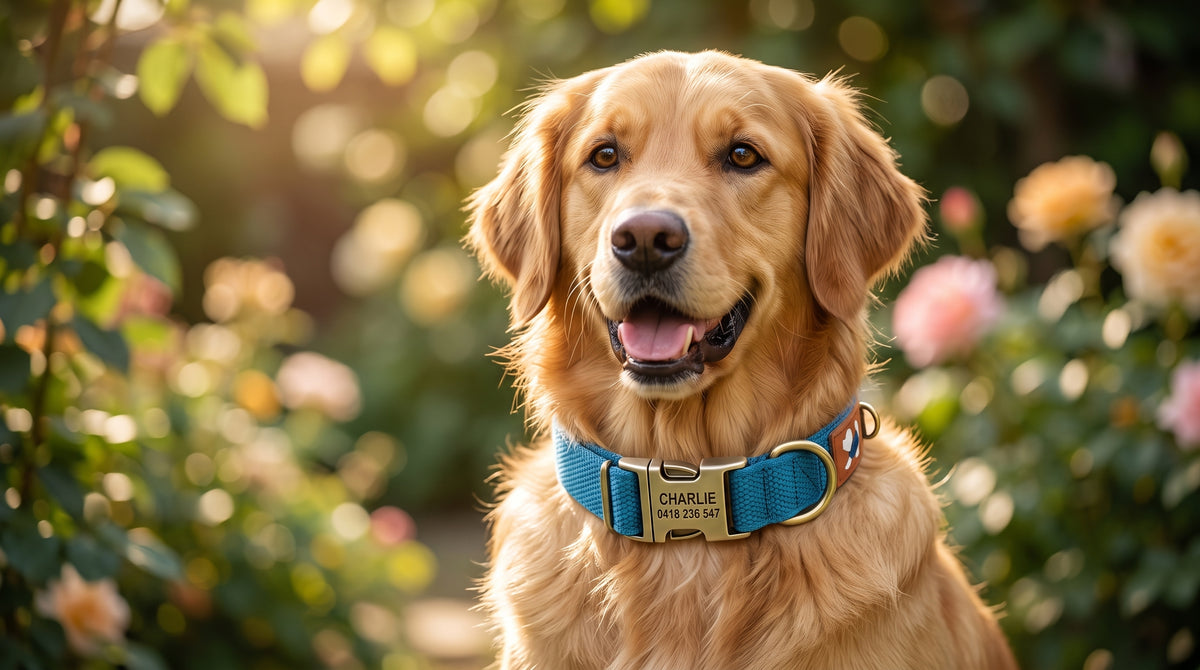 Golden retriever in a sunlit garden wearing the Blue RoamGuard collar engraved CHARLIE