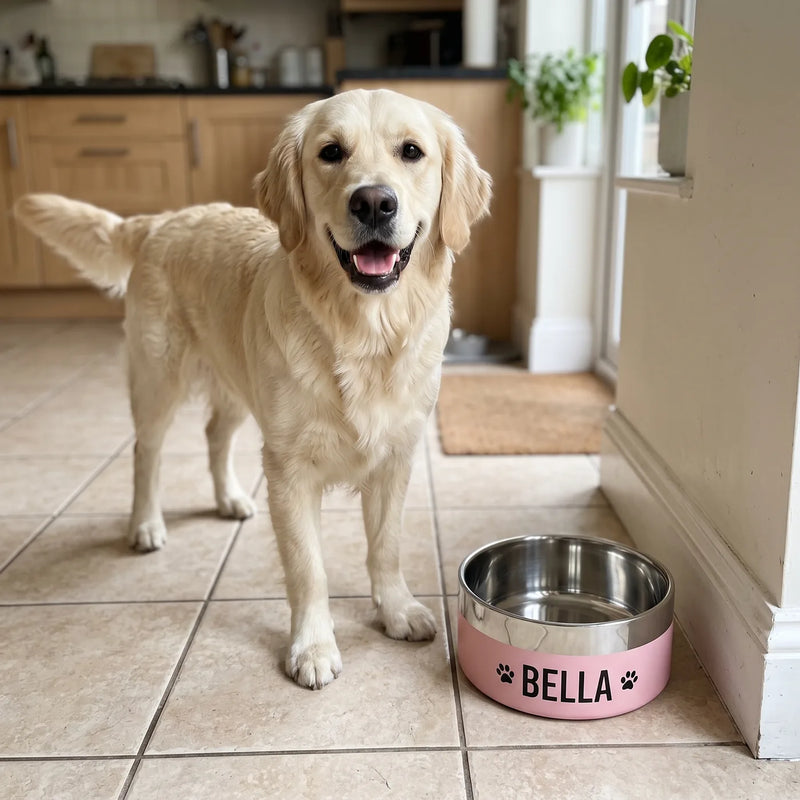 Golden retriever standing beside a pink bowl printed with BELLA