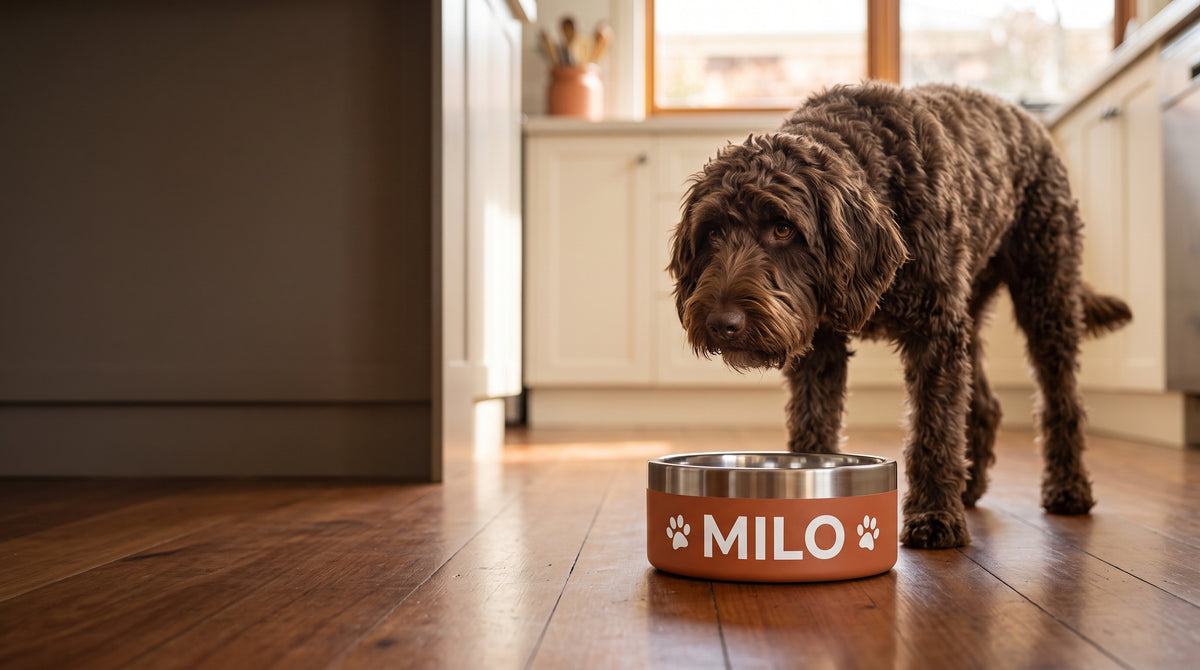 A labradoodle standing over a personalised terracotta dog bowl printed with MILO on a timber floor in an Australian kitchen.