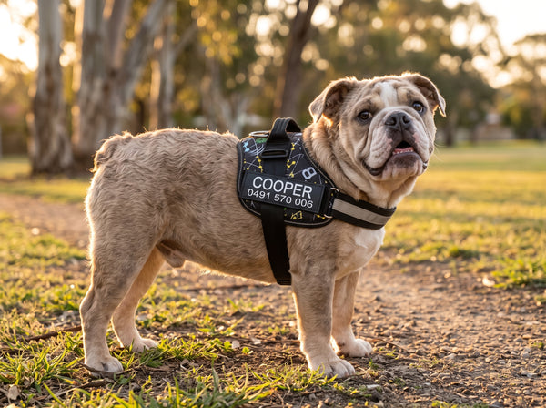 A bulldog in a personalised Crumpaw harness with a removable name patch printed COOPER and a phone number.