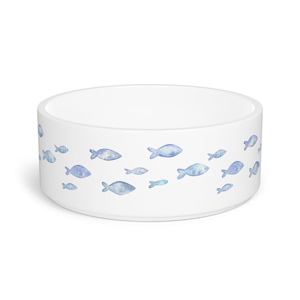 Crumpaw Blue Fish Ceramic Dog Bowl - blue fish swimming pattern, front view