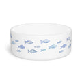 Crumpaw Blue Fish Ceramic Dog Bowl - blue fish swimming pattern, front view