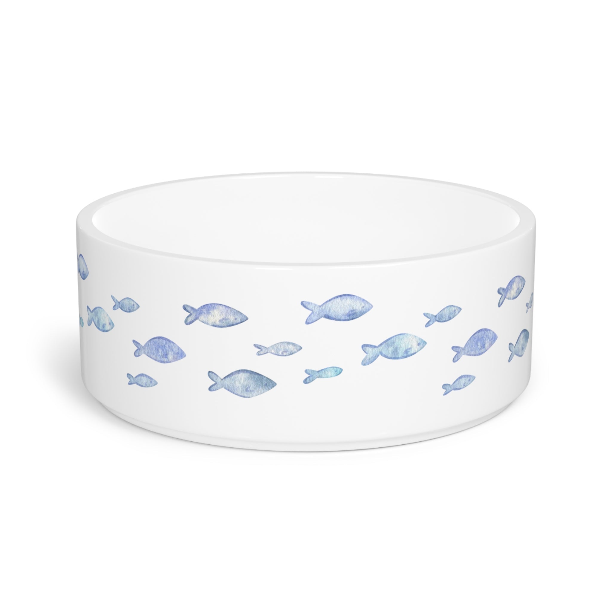 Crumpaw Blue Fish Ceramic Dog Bowl - blue fish swimming pattern, front view