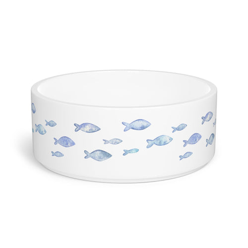 Crumpaw Blue Fish Ceramic Dog Bowl - blue fish swimming pattern, front view