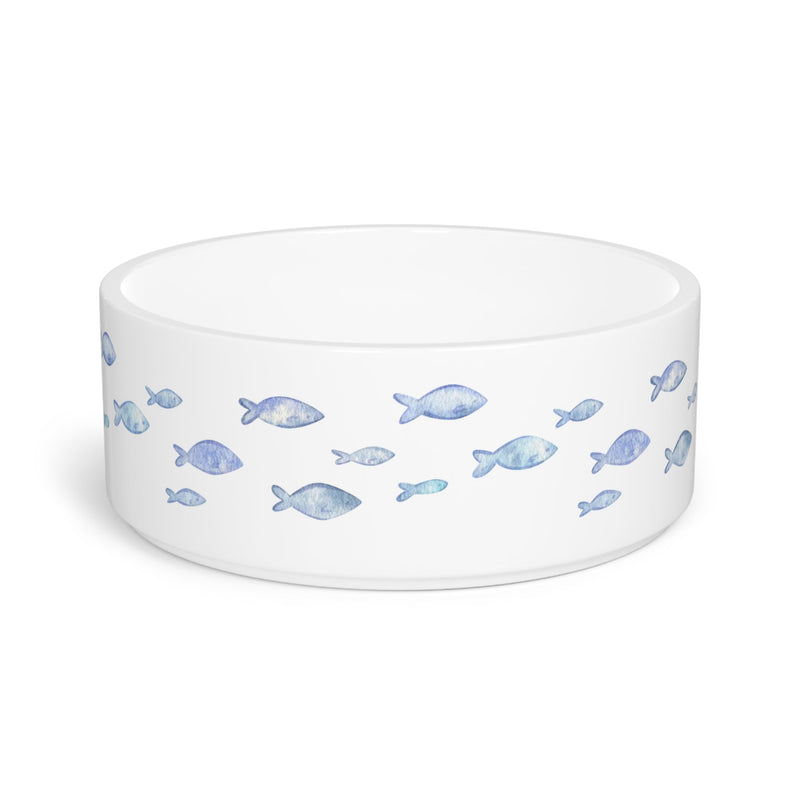 Crumpaw Blue Fish Ceramic Dog Bowl - blue fish swimming pattern, front view