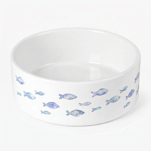 Crumpaw Blue Fish Ceramic Dog Bowl - side view